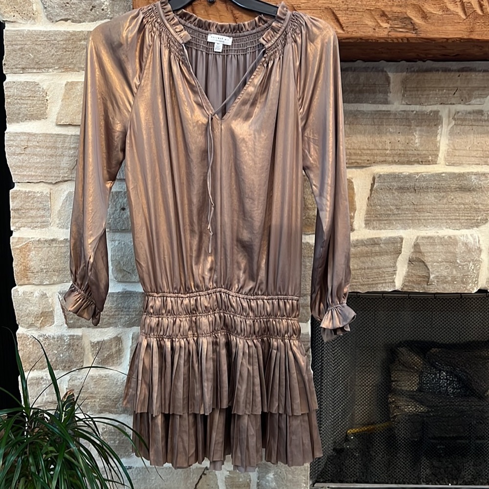 Current Air Metallic Taupe Ruffled Tiered Dress